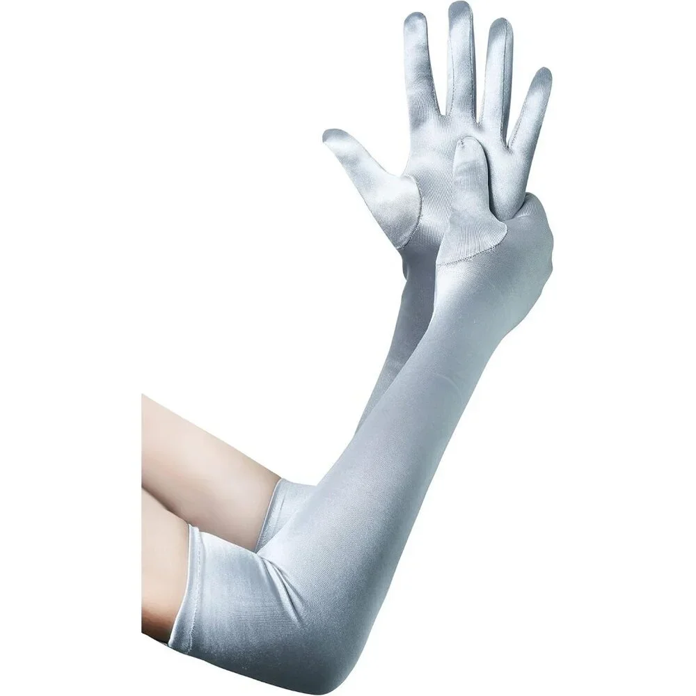 Women's Silver Vintage Satin Long Gloves Party Costume Stretchy Elbow Length